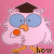 Pixelated owl with blue eyes and orange beak wears dark graduation cap, stands on pink background as text changes from 'how' to 'many' then 'licks?'