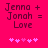 Pixelated text on bright pink background reads 'Jenna + Jonah = Love' with five small heart symbols below, showing slight animation in the hearts.