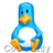 Static pixelated icon of a blue penguin mascot with yellow beak and feet, sitting upright against white background.