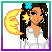 A contact sheet of 11 animated frames from a pixel art buddy icon featuring a cartoon woman with long brown hair, blue flower accessory, and white shirt, alongside text-based animations showing "Beauty" in various colors and styles, letter variations, and partial words like "B", "Br", "Brai", "Brains" on colored backgrounds.