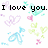 Pixelated image with 'I love you.' text and multiple heart-shaped icons in pastel colors including pink, blue, green, and purple.