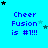 Blue background with repeated text "Cheer Fusion is #1!!!" and scattered stars in black, dark blue, and light blue.