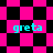 A pixelated image with four instances of the text 'greta' in cyan, set against a shifting black and pink checkered background.