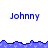 Blue pixelated text 'Johnny' appears in multiple positions across a white background with blue wave-like borders.