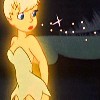 Pixelated cartoon character with blonde hair and blue eyes stands in a light-colored dress against a dark background with white dots and a star-like shape.