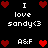 Pixel art animation with red hearts and white text on black background, showing alternating heart arrangements around 'I love sandy<3' and 'A&F' phrases.