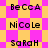 Pixelated text names on a checkered background with alternating pink and yellow squares.