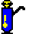 Pixel art avatar with blue and yellow vertical shape and brown liquid in a light purple container, changing contents across frames.