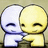 Two pixelated cartoon figures with rounded heads, one white and one yellow, standing side-by-side in a static pose.