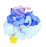 Blue flower-like character with purple hat rests on white cloud holding yellow star, static pose.