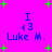 Pixelated icon with bright pink background, green plus signs scattered across, blue text reading 'I <3 Luke M.' repeated in four quadrants.