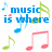Pixelated image with blue text fragments, colorful musical notes scattered across white background and gray rectangle.
