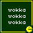 Green square with yellow border containing three lines of white 'wokka' text and a yellow Pac-Man-like icon in the bottom-right corner.