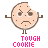 Pixelated cookie character with angry expression, brown outline, and bite mark on top-left; four variations show text changes below.