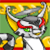 Animated contact sheet showing two frames of a pixelated cartoon character with green hair, red eyes, and silver horns wearing yellow shoulder pads against a green background.
