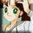 Pixelated anime-style character with green eyes and brown hair, wearing a light blue top against a beige background.