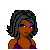 Pixel art contact sheet of a female character with gray hair and purple eyeshadow, showing upper body, torso, pants, and text "BORN TO SHOP" with heart symbols.