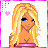 Pixel art of a blonde character with blue eyes, pink crop top, and patterned pants, surrounded by pink text and hearts on white background