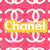 A static image with a repeating pink background pattern of white interlocking 'C' symbols, featuring three colored text overlays: yellow 'Chanel', purple 'Is', and green 'Love'.