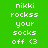 Green and black pixelated text displays 'nikki rockss your socks off <3' in a pattern with alternating background colors