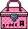 Pixel art of a pink checkered handbag with a blue heart-shaped clasp, showing two states where the text below changes from 'grde A' to 'grde'.