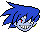 Pixelated blue-haired character with red eyes and sharp teeth in multiple poses, including static expressions and motion blur effects on hair and mouth.