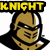 Pixelated knight icon with yellow text above and below, showing two of the character's head turning left to right