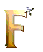 Golden letter F with pixelated texture, three distinct animated effects at top-right corner: small blue-green figure, bright white starburst, and purple-blue burst.