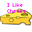 Pixelated image of a yellow cheese wedge with holes, overlaid with pink text reading "I Like Cheese" on a white background.