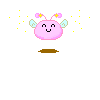 Pixelated pink character with light blue wings and antennae, floating above brown ground against gray background with yellow stars.