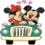 Mickey and Minnie Mouse sit in a green car with hearts floating above them, surrounded by red heart shapes on white background.