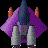 Pixelated character with purple cape, blue torso, and orange horns against black background.