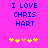Pixelated text 'I LOVE CHRIS HART' in blue on bright pink background with yellow and orange star-like symbols below.