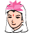 Pixelated cartoon-style icon of a person with closed eyes, pink spiky hair, and a red bindi on the forehead wearing a white headscarf-like garment.