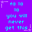 A static image with a purple background displays cyan text reading "fa la la you will never get this" in a pattern, surrounded by white and purple star-shaped pixel decorations