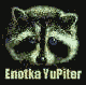 Six identical pixelated raccoon faces with dark eye patches and light fur, each labeled 'Enotka YuPiter' below, arranged in two of three on a black background
