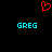 Red pixelated heart symbol above two cyan 'GREG' text blocks on black background.