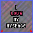 Animated contact sheet of 12 frames showing a pixelated 'I LOVE MY MYSPACE' text animation with changing heart and star effects on a striped background.