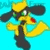 Pixelated yellow dog-like character with dark ears and red cheek spots against cyan background, displaying two distinct poses.