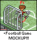 Pixel art of a soccer player in red jersey and blue shorts kicking a ball near a goal net on green field with white lines.