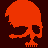 Pixelated red skull with orange hair on dark brown background, showing three distinct states of animation.
