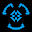 Pixelated blue and cyan circular motion icons on black background, showing sequential animation frames with varying central symbols and arrow configurations.
