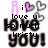 Pixelated graphic with 'i love you!' text, pink and gray heart symbols above the word 'love', and a stylized letter 'A' on the left.