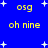 Blue background with white stars and yellow text reading 'osg' and 'oh nine' in a pattern