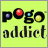 nine identical pixelated icons on a bright yellow background, each displaying 'pogo addict' text with colored dots above the letters
