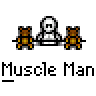 A 4x4 contact sheet of a pixel art animation featuring a central white stick figure flanked by two brown bear figures, with text bubbles appearing in later frames.