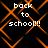 Black background with orange diamond-shaped pattern and white pixelated text reading 'back to school!!!' in four quadrants