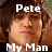 Pixelated close-up of a person with curly brown hair, overlaid with white text reading 'Pete' at top and 'My Man' at bottom.