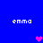Blue background with four white 'emma' text blocks and three pixelated hearts in pink and purple.