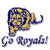 Pixelated image of a blue and yellow elephant head with trunk extended right, below which is stylized blue text reading 'Go Royals!'